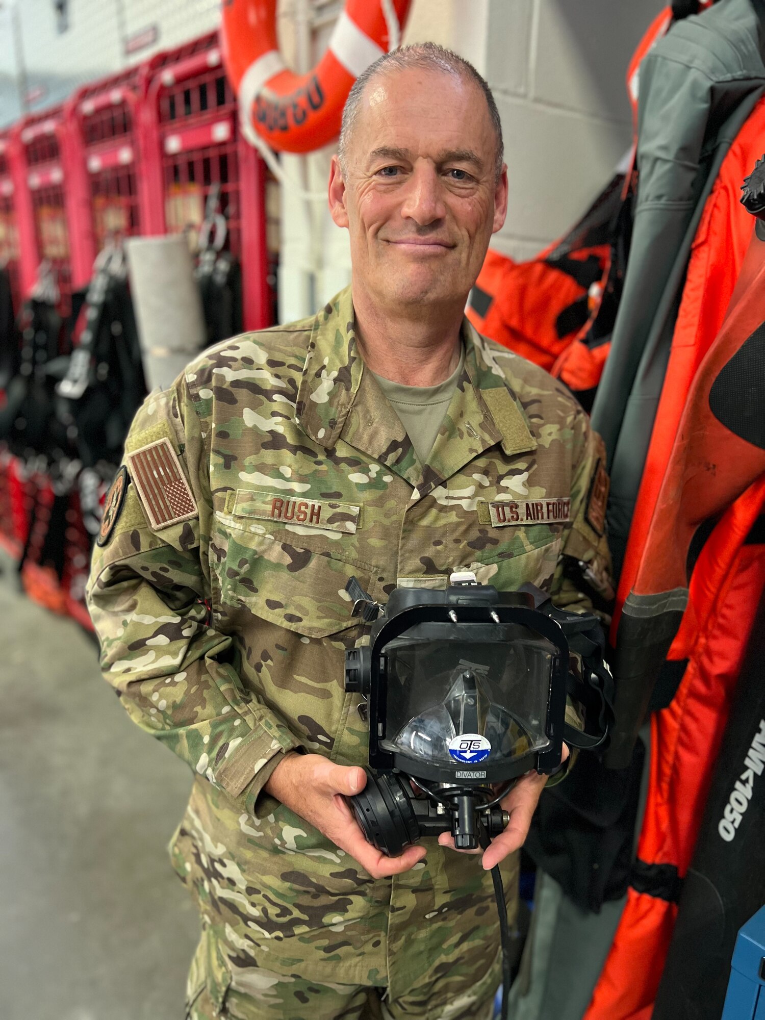 U.S. Air Force Lt. Col. Stephen "Doc" Rush, medical group commander for the 106th Rescue Wing  who took part as a medical advisor in the 2018 Thai Cave rescue pictured here in the 103rd Rescue Squadron dive locker at F.S. Gabreski Air National Guard Base, Westhampton Beach, N.Y. on Aug. 11, 2022 (U.S. Air National Guard photo by Maj. Michael O'Hagan)