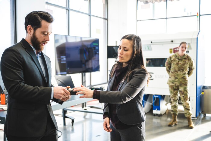 Gina Ortiz Jones, undersecretary of the Air Force, inspects the cold-spray repair method utilized by the Rapid Sustainment Office’s Advanced Manufacturing Program on Jan. 9 at The Greene in Beavercreek, Ohio.