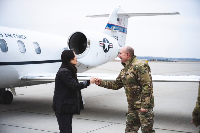 Lt. Gen. Carl Schaefer, Air Force Materiel Command deputy commander, greets Undersecretary of the Air Force Gina Ortiz Jones on Jan. 9 as she arrives at Wright-Patterson Air Force Base, Ohio.