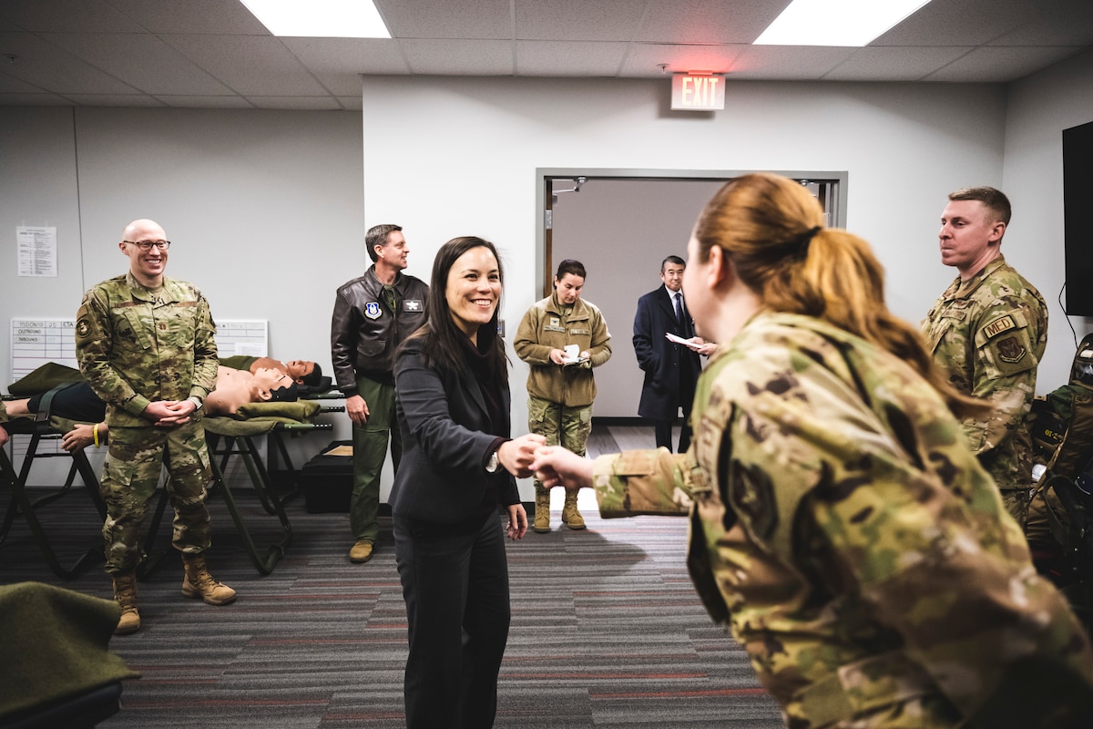 Gina Ortiz Jones, undersecretary of the Air Force, meets with aeromedical evacuation and staging Airmen from the 445th Airlift Wing on Jan. 9 at Wright-Patterson Air Force Base, Ohio.
