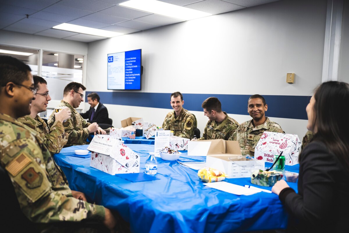 Gina Ortiz Jones, undersecretary of the Air Force, has lunch Jan. 9 with Air Force Institute of Technology students at Wright-Patterson Air Force Base, Ohio.