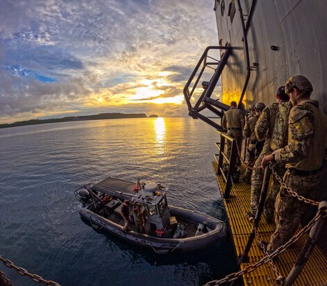 Sailors assigned to Explosive Ordnance Disposal Mobile Unit (EODMU) 5 conduct an at sea damage repair exercise involving a simulated explosive hazard aboard the Military Sealift Command 2nd Lt. John P. Bobo-class cargo ship USNS Sgt. William R. Button (T-AK 3012) as part of an EODMU platoon certification.