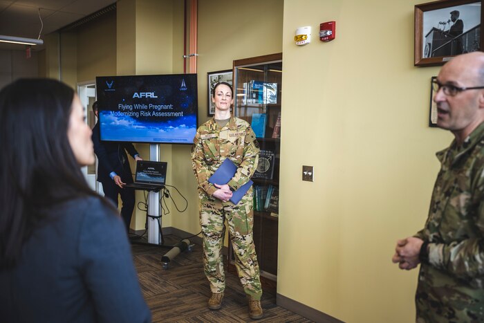 Col. Tory Woodard (right), U.S. Air Force School of Aerospace Medicine commander, introduces Col. Amy Hicks, Aerospace Medical Consultation Services chief, to Undersecretary of the Air Force Gina Ortiz Jones on Jan. 9 at Wright-Patterson Air Force Base, Ohio.