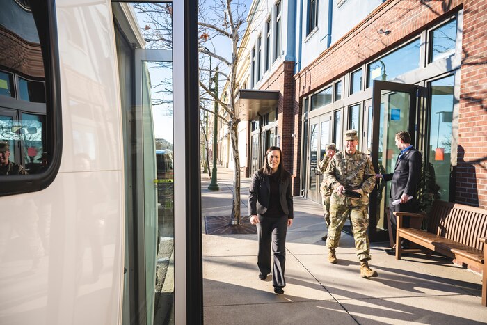 Lt. Gen. Shaun Morris, Air Force Life Cycle Management Center commander, and Undersecretary of the Air Force Gina Ortiz Jones prepare to depart the Rapid Sustainment Office on Jan. 9 at The Greene in Beavercreek, Ohio.