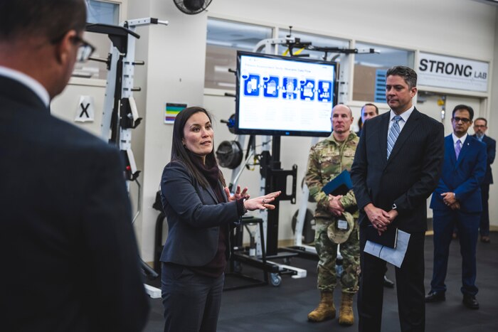 Gina Ortiz Jones, undersecretary of the Air Force, learns about the Signature Tracking for Optimized Nutrition and Training Laboratory during her visit Jan. 9 to the 711th Human Performance Wing at Wright-Patterson Air Force Base, Ohio.