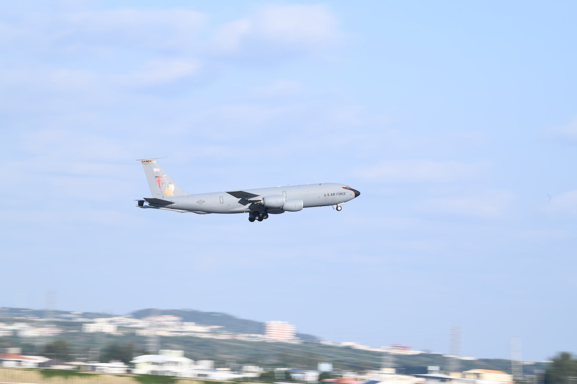 An aircraft takes off.