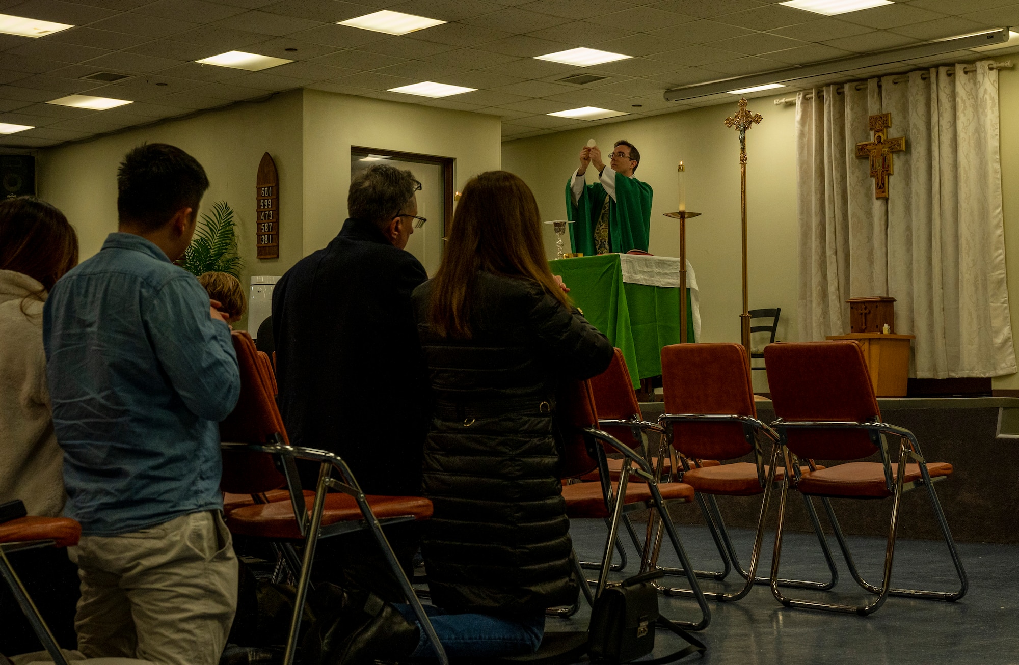 U.S. Air Force Capt. Phillip O’Neill, 51st Fighter Wing chaplain, leads Sunday Mass at Osan Air Base, Republic of Korea, Jan. 15, 2023.