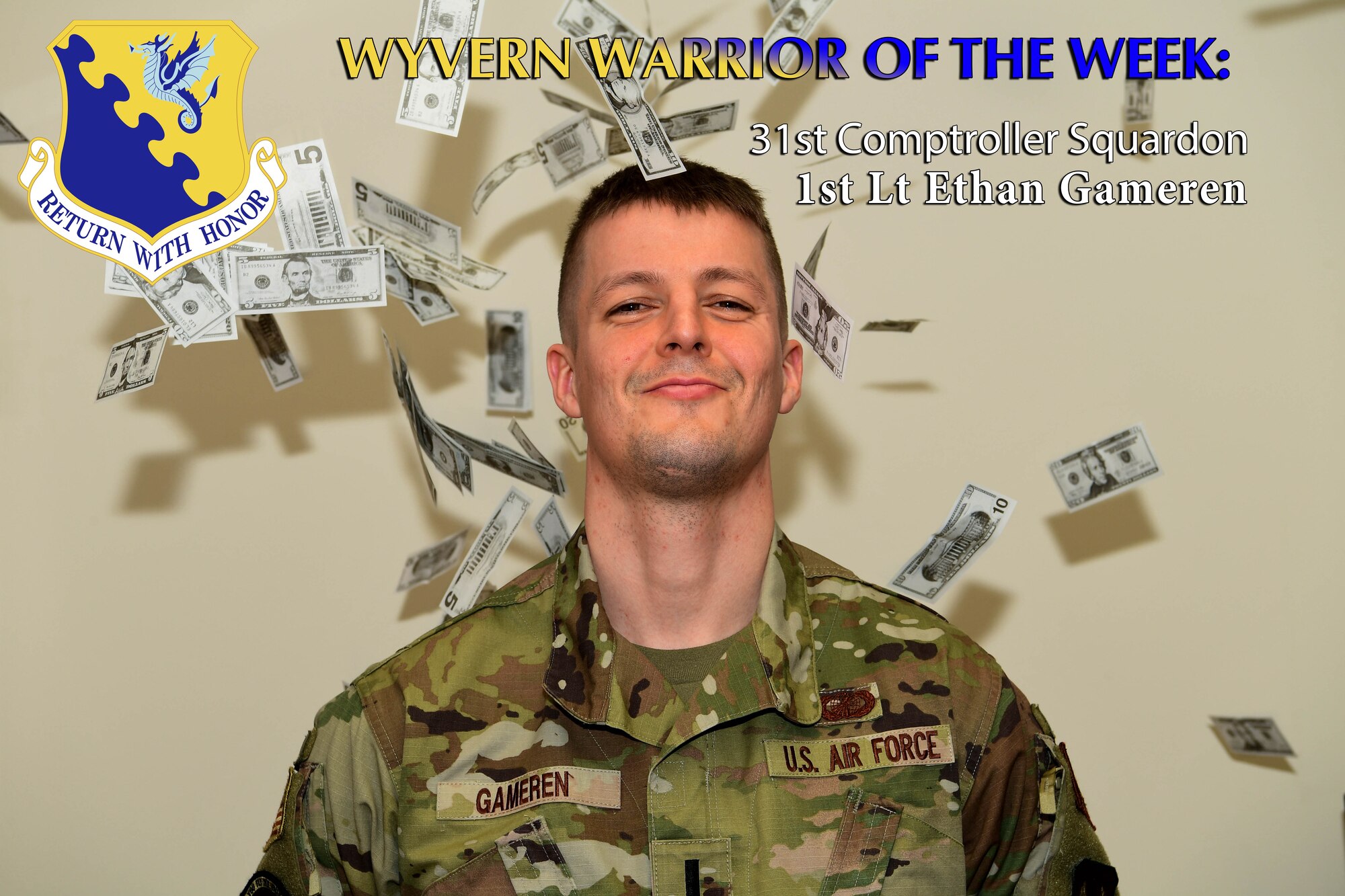 1st Lt. Ethan Gameren, 31st Comptroller Squadron financial operations flight commander, poses for a photo at Aviano Air Base, Italy, Jan. 20. 2021. Gameren was recognized as the Wyvern Warrior of the Week for his efforts and accomplishments in the 31st CPTS squadron. (U.S. Photo by Senior Airman Noah Sudolcan)