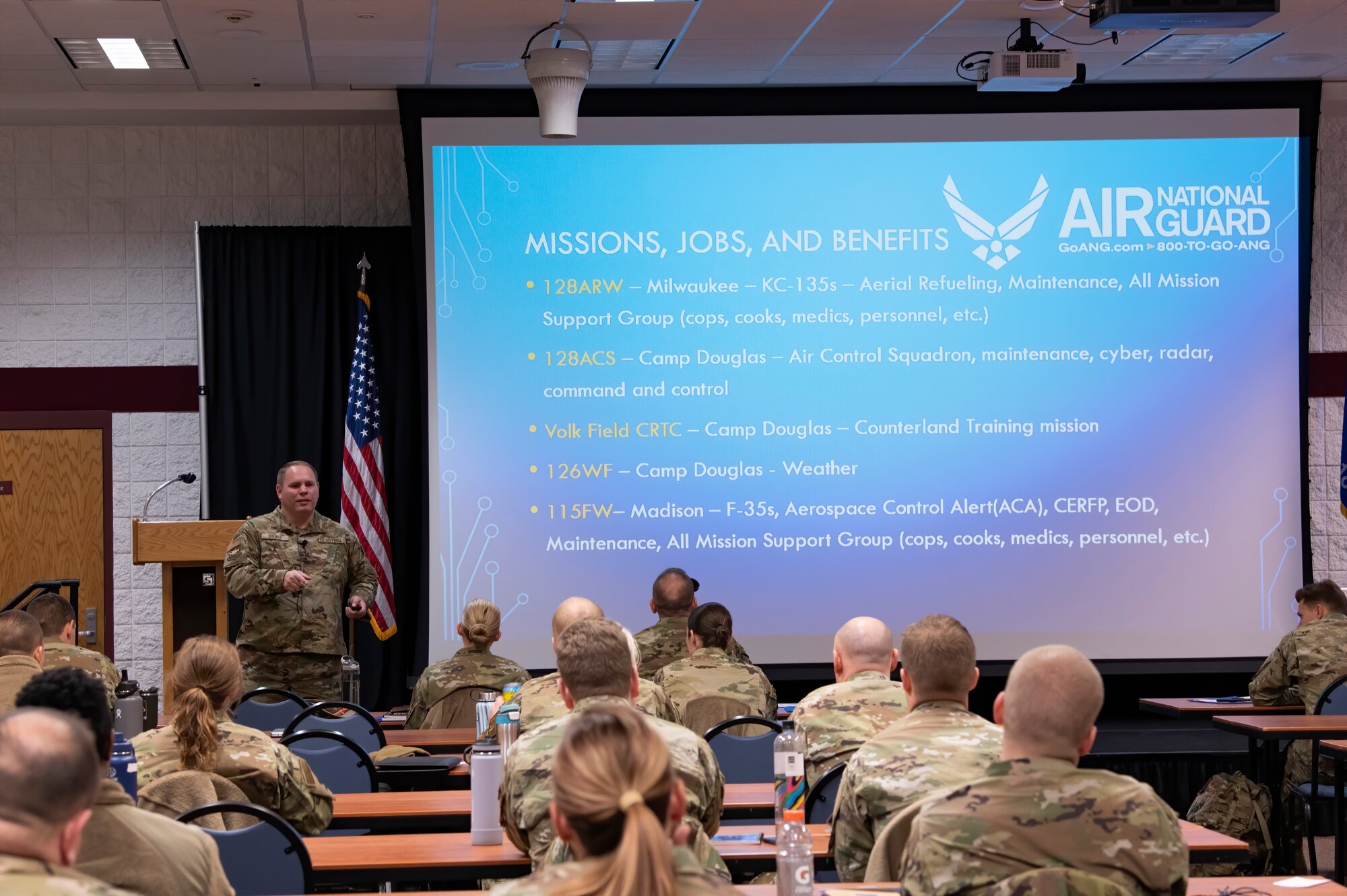 U.S. Air Force Chief Master Sgt. Zachary Brewer, recruiting and retention senior enlisted leader for the Wisconsin Air National Guard, introduces Airmen attending the State Enlisted Development Program to the Wisconsin ANG Influencer initiative Jan. 12, 2023, at Volk Field Air National Guard Base near Camp Douglas, Wisconsin. The January SEDP course marks the tenth year in which the program has contributed to the personal and professional development of enlisted Airmen throughout Wisconsin. (U.S. Air National Guard photo by Senior Master Sgt. Paul Gorman)