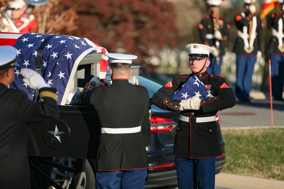 On Nov. 22, 2022, the United States Marine Band said a final farewell to one of its own in a funeral ceremony at Arlington National Cemetery. Oboist James "Jim" Dickey served in "The President's Own" from 1977 to 2005. He was a frequently featured soloist and served as a tour coordinator with the band. In addition to band support of the funeral, many band members and friends came out in honor of Jim and in support of his family.
.
(U.S. Marine Corps photos by Staff Sgt. Chase Baran/ Released)