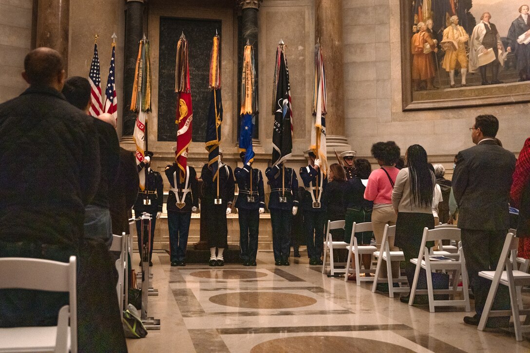 A joint armed forces color guard presents the colors at a naturalization ceremony held on Dec. 15, 2022 in the National Archives rotunda.

(U.S. Marine Corps Photos by Staff Sgt. Chase Baran/released)