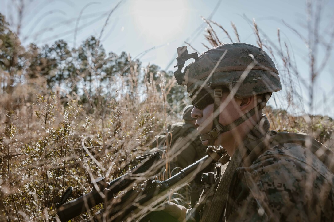 A Marine is shown close-up with his weapon in a grassy field.