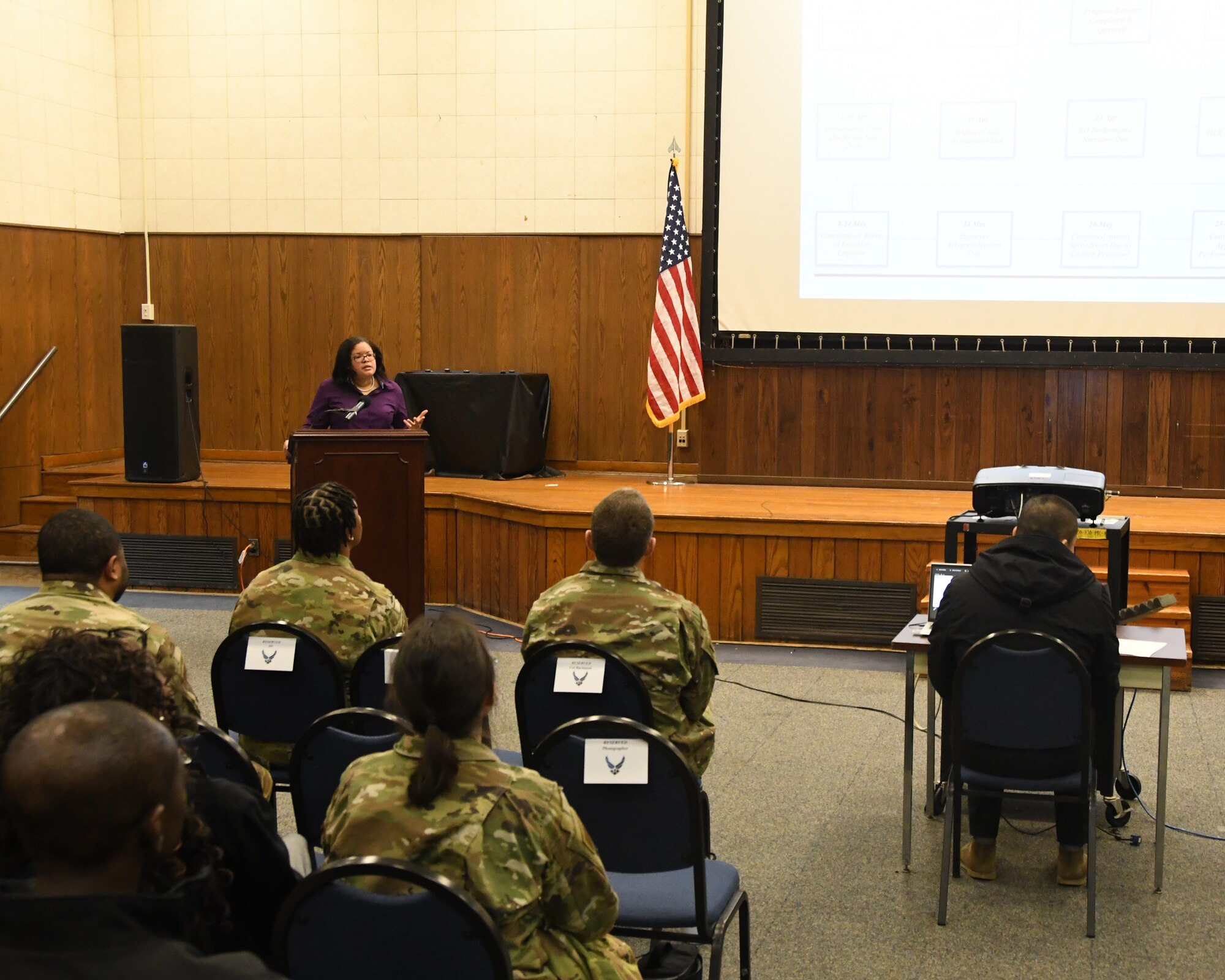 Ms. Brookita Braxton, 459th Force Support Squadron, speaks at the 459th Air Refueling Wing All Call for full-time staff on Jan. 19, 2023. The All Call was stood up to provide information relevant to its civilians, Air Reserve Technicians, and Active Guard Reserve members. Also, members were recognized for hitting milestones in their decades of federal service. Members awarded recognition are Senior Master Sgt Rodney Price for 30 years of federal service, Tech Sgt Kalani Herrera, Senior Master Sgt Sara Sims and Col Matthew Ihlenfeld for 20 years of federal service, and Master Sgt John Johnson for 10 years of federal service.