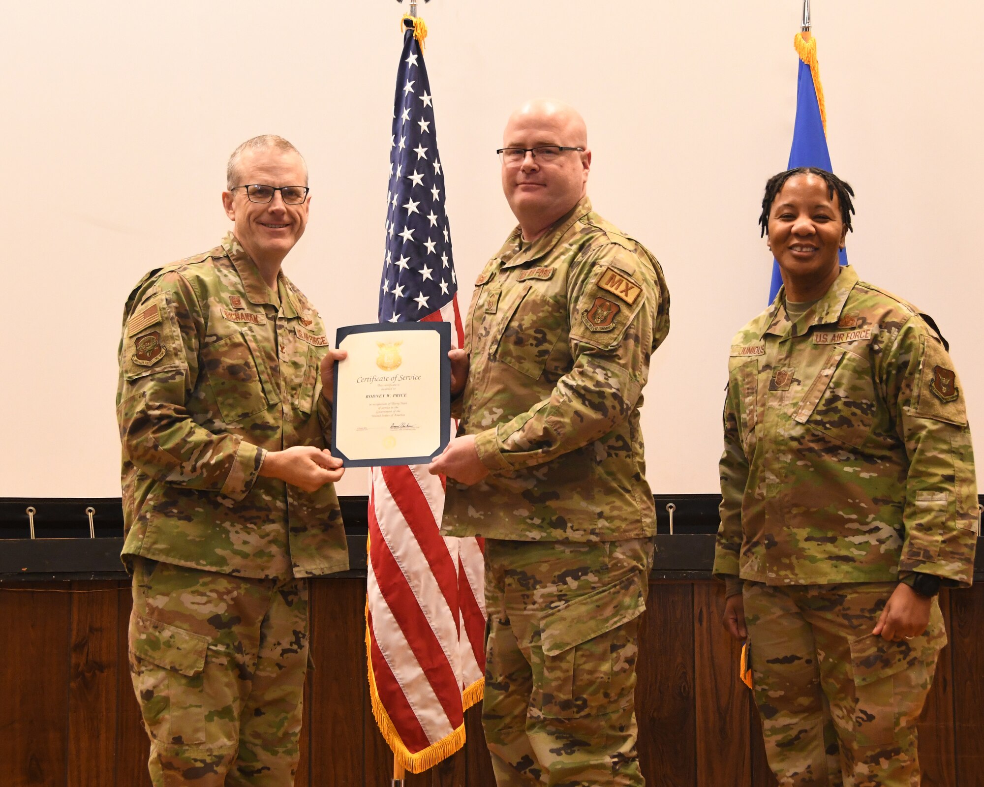 The 459th Air Refueling Wing held an All Call for its full-time staff on Jan. 19, 2023, to provide information relevant to its civilians, Air Reserve Technicians, and Active Guard Reserve members. Also, members like Senior Master Sgt. Rodney Price (center) were recognized for hitting milestones in their decades of federal service. Price was recognized for 30 years of federal service.