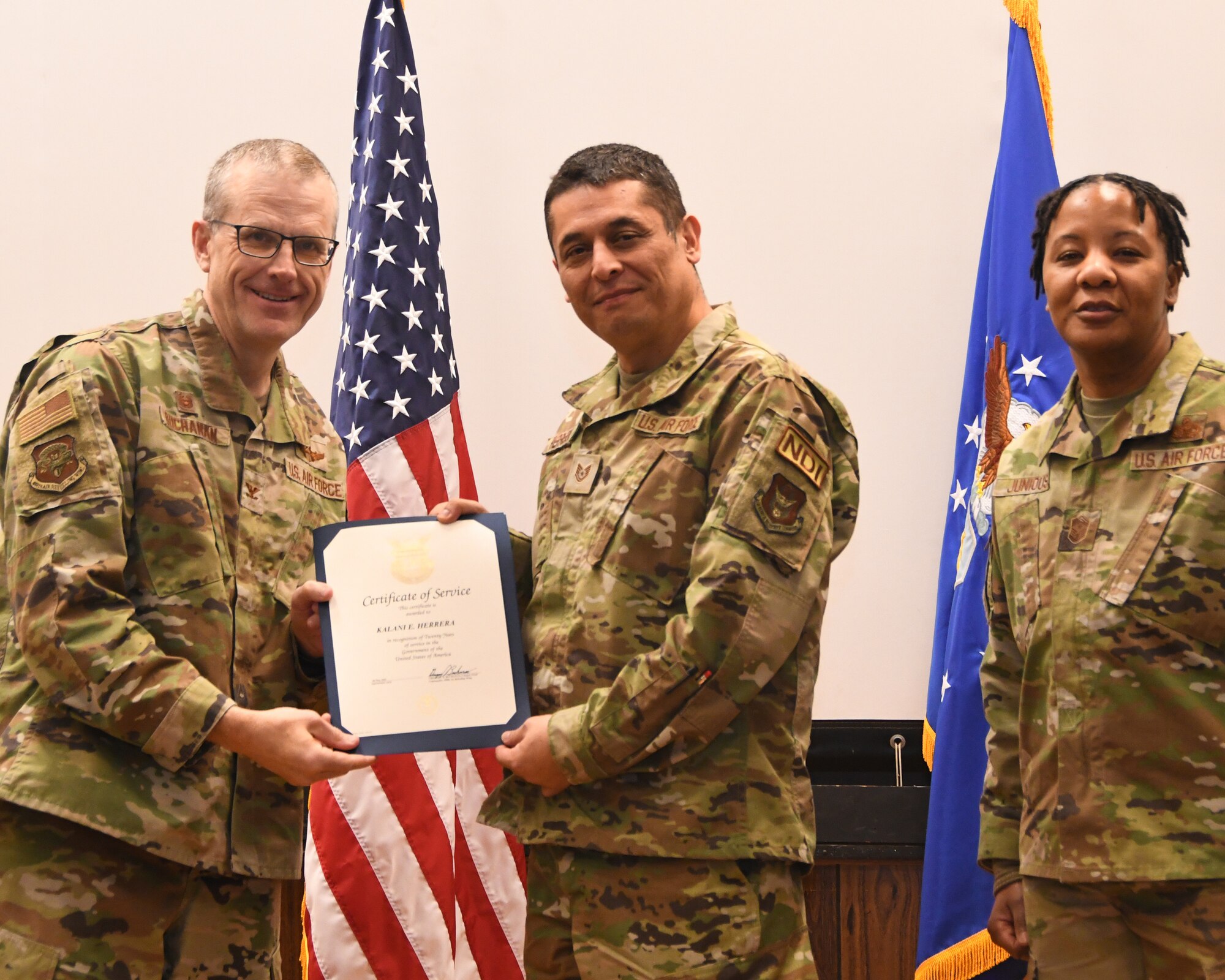 The 459th Air Refueling Wing held an All Call for its full-time staff on Jan. 19, 2023, to provide information relevant to its civilians, Air Reserve Technicians, and Active Guard Reserve members. Also, members like Tech Sgt. Kalani Herrera (center) were recognized for hitting milestones in their decades of federal service. Herrera was recognized for 20 years of federal service.