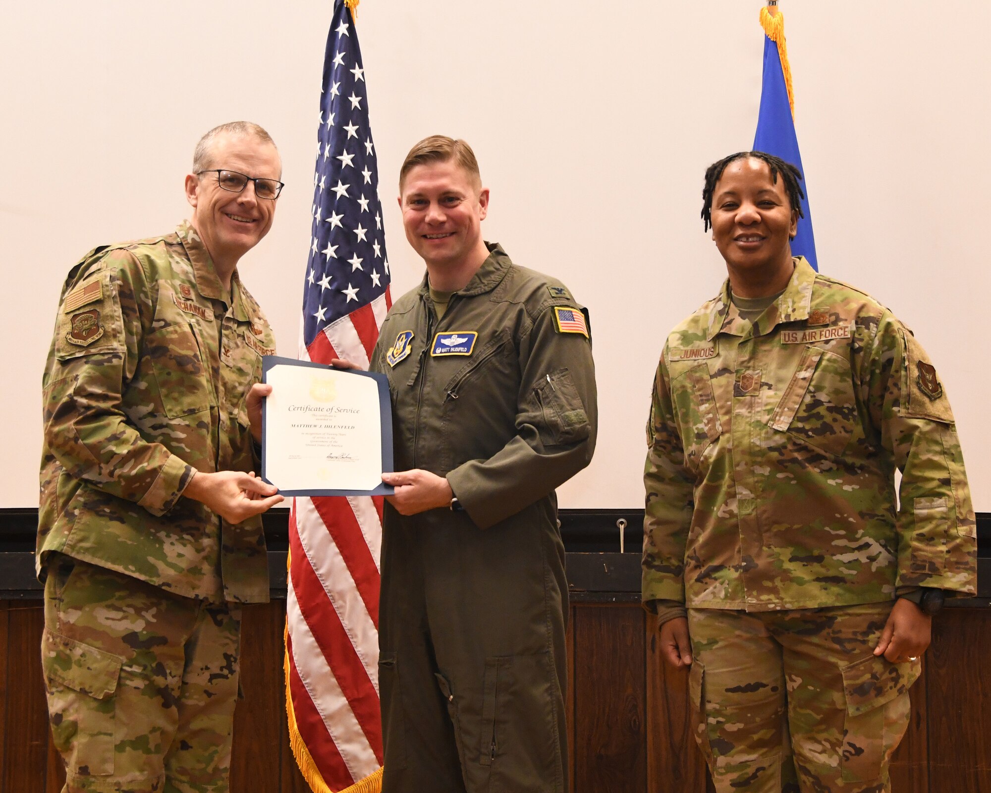 The 459th Air Refueling Wing held an All Call for its full-time staff on Jan. 19, 2023, to provide information relevant to its civilians, Air Reserve Technicians, and Active Guard Reserve members. Also, members like Col. Matthew Ihlenfeld (center) were recognized for hitting milestones in their decades of federal service. Ihlenfeld was recognized for 20 years of federal service.