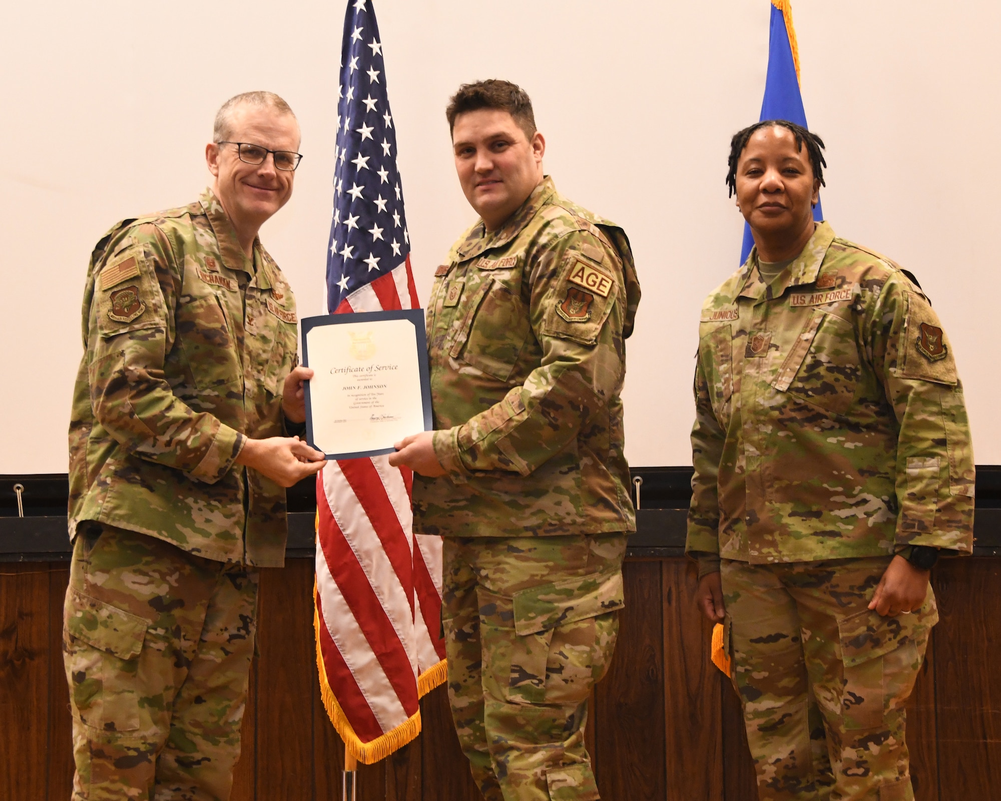 The 459th Air Refueling Wing held an All Call for its full-time staff on Jan. 19, 2023, to provide information relevant to its civilians, Air Reserve Technicians, and Active Guard Reserve members. Also, members like Master Sgt. John Johnson (center) were recognized for hitting milestones in their decades of federal service. Johnson was recognized for 10 years of federal service.