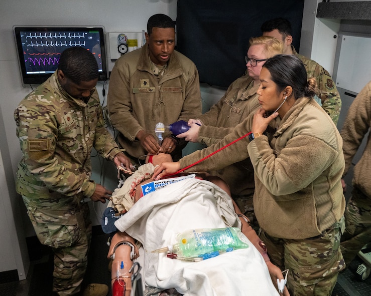 U.S. Air Force Maj. John Williams, 5th Medical Group (MDG) nurse, inserts endotracheal tubing into a simulated patient during a 5th MDG training day at Minot Air Force Base, North Dakota, Jan. 11, 2023. The endotracheal tubing is put in place in order to provide the patient with an artificial airway.