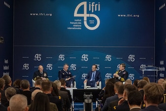 PARIS (Jan. 18, 2023) - Chief of Naval Operations Adm. Mike Gilday, Chief of the French Navy Adm. Pierre Vandier, and Royal Navy Adm. Sir Ben Key, First Sea Lord and Chief of the Naval Staff of the United Kingdom, discuss the prospect of 'the return of naval combat' during the inaugural Paris Naval Conference, Jan. 18. Gilday discussed challenges, key priorities, and perspectives of western navies with Vandier and Key during their panel. (U.S. Navy photo by Lt. Michael Valania/released)