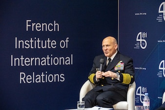PARIS (Jan. 18, 2023) - Chief of Naval Operations Adm. Mike Gilday, Chief of the French Navy Adm. Pierre Vandier, and Royal Navy Adm. Sir Ben Key, First Sea Lord and Chief of the Naval Staff of the United Kingdom, discuss the prospect of 'the return of naval combat' during the inaugural Paris Naval Conference, Jan. 18. Gilday discussed challenges, key priorities, and perspectives of western navies with Vandier and Key during their panel. (U.S. Navy photo by Lt. Michael Valania/released)