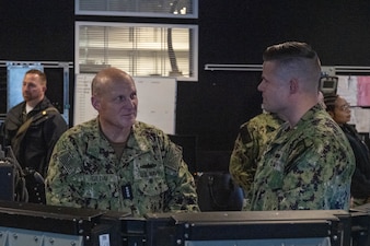 NAVAL SUPPORT FACILITY DEVESELU, Romania (Jan. 19, 2023) - Chief of Naval Operations Adm. Mike Gilday meets with Sailors assigned to U.S. Aegis Ashore Missile Defense System Romania (AAMDS), during a visit to Naval Support Facility Deveselu, Romania, Jan. 19. AAMDS is under the operational control of the U.S. Naval Forces Europe, based in Naples, Italy, and is part of the European Phased Adapted Approach (EPAA), which protects European NATO allies and U.S. deployed forces in the region. (U.S. Navy photo by Lt. Michael Valania/released)