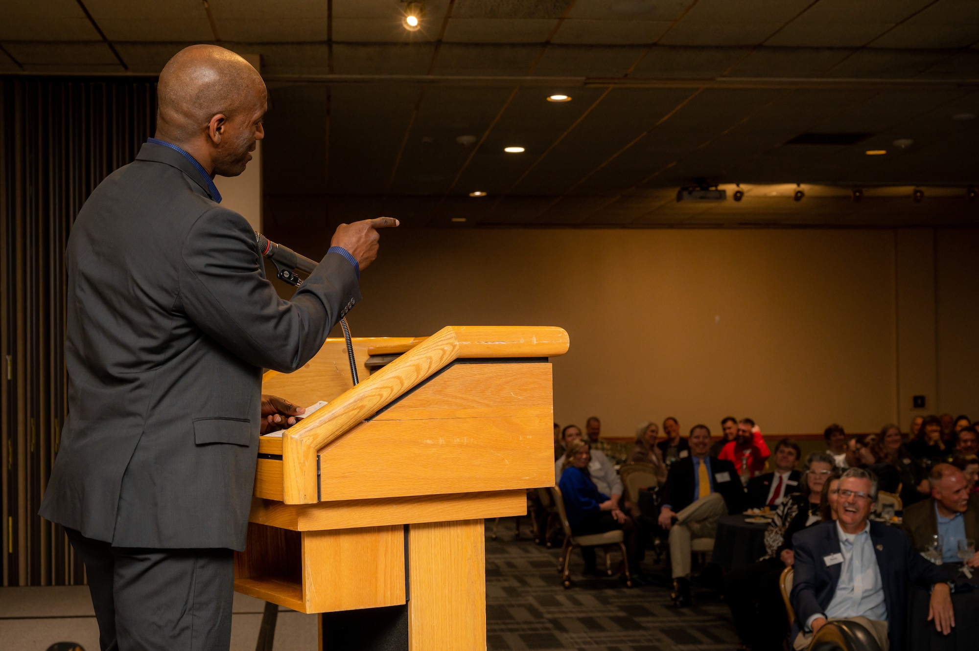 U.S. Air Force Col. Kenneth McGhee, 91st Missile Wing commander, speaks at the Team Minot 2023 Honorary Commander (HCC) Induction Ceremony at Minot Air Force Base, North Dakota, Jan. 19, 2023. The HCC program allows the community to become a part of Team Minot and see the mission from an insider’s perspective. (U.S. Air Force photo by Airman 1st Class Alexander Nottingham)
