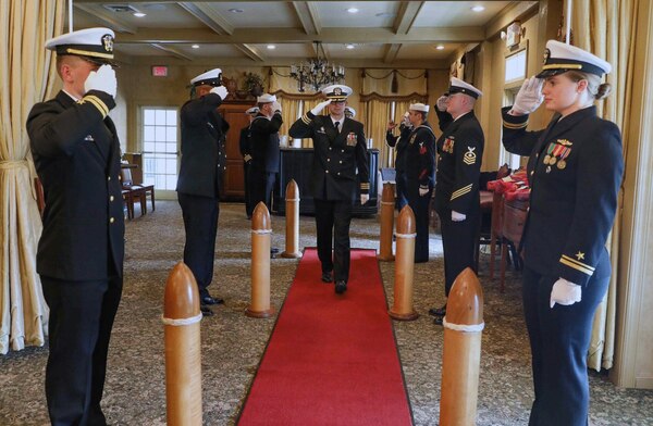 Cmdr. Carl Jappert, prospective commanding officer of the Virginia-class fast-attack submarine USS New Hampshire (SSN 778), arrives at the boat's change of command ceremony onboard Naval Support Activity Hampton Roads, Jan. 20.