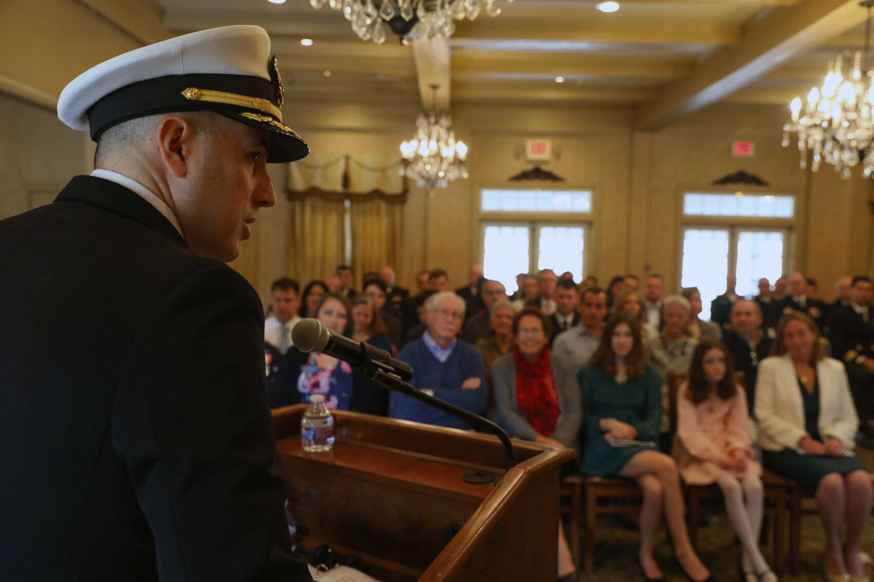Capt. Bennett Christman speaks during a change of command ceremony for the Virginia-class fast-attack submarine USS New Hampshire (SSN 778) onboard Naval Support Activity Hampton Roads, Jan. 20.