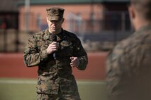 U.S. Marine Corps Lt. Col. Robert D. Barbaree III, commanding officer of Headquarters and Headquarters Squadron (H&HS), Marine Corps Air Station (MCAS) New River, gives his remarks during a Bronze Star Medal awards ceremony for Master Sgt. Kevin Haunschild, a senior air traffic controller with H&HS, on MCAS New River in Jacksonville, North Carolina, Jan. 20, 2023. Haunschild received the Bronze Star medal for his actions as Marine Air Traffic Control Mobile Team Leader with Marine Medium Tiltrotor Squadron-162 during Operation Freedom’s Sentinel. (U.S. Marine Corps photo by Cpl. Antonino Mazzamuto)