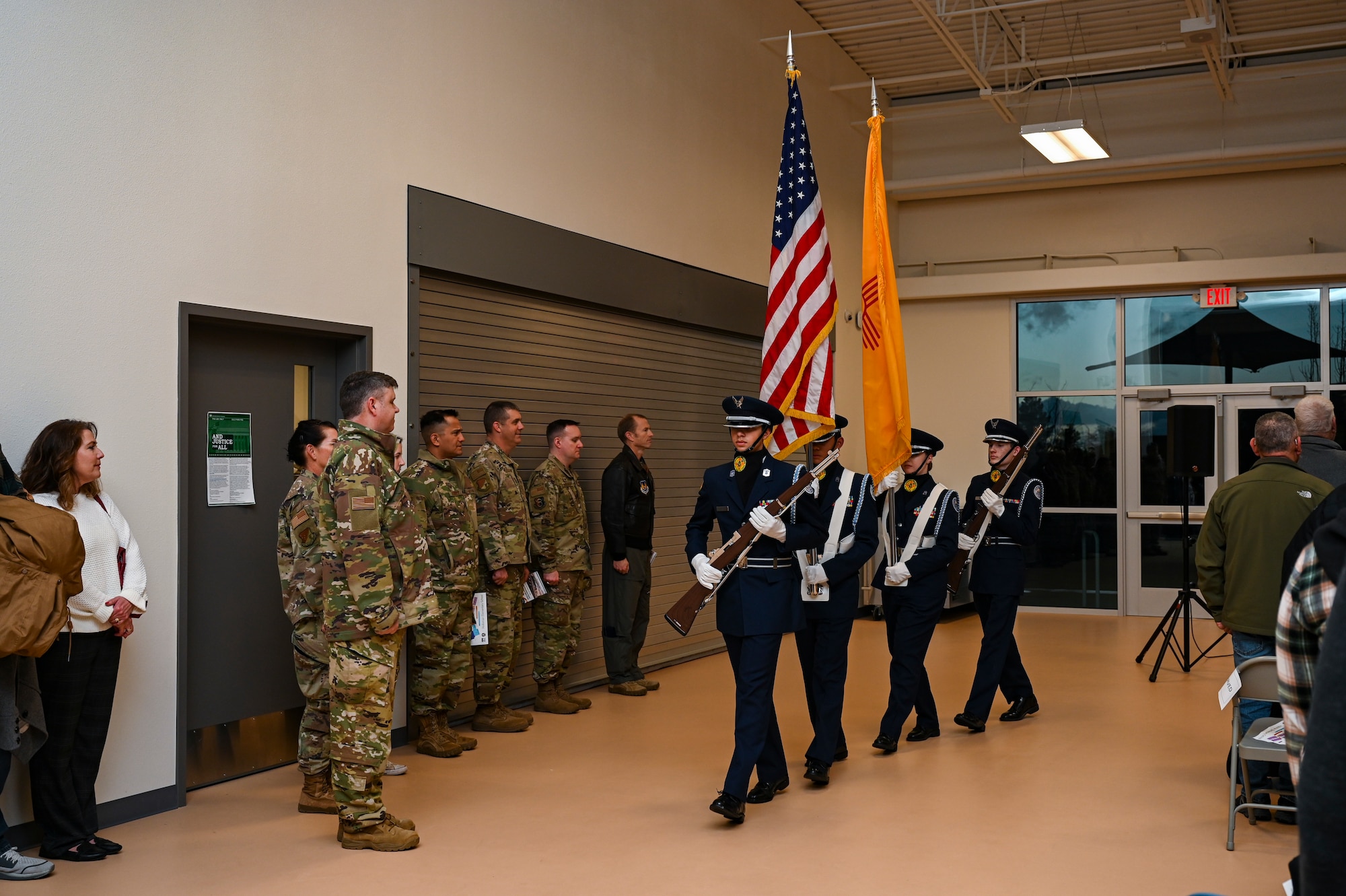 Members of the Air Force JROTC program from Alamogordo High School, present the colors during the Holloman Elementary School Ribbon Cutting and Open House at Holloman Air Force Base, New Mexico, Jan. 17, 2023. The construction of the school began in February 2021 taking a total of 21 months to complete. (U.S. Air Force photo by Airman 1st Class Isaiah Pedrazzini)