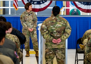 Chief Master Sergeant of the Air Force JoAnne S. Bass receives questions during an all call at Fairchild Air Force Base, Washington, Jan. 19, 2023. Bass spoke about her key priorities of people, readiness, and culture, recognized outstanding performers.  (U.S. Air Force photo by Airman 1st Class Stassney Davis)