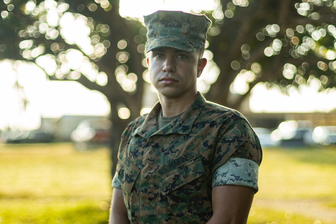 U.S. Marine Corps Sgt. Amed Issa, a rifleman with 3d Battalion, 3d Marines, poses for a photo at Marine Corps Base Hawaii, Jan. 20, 2023. On Jan. 6, 2023, Sgt Issa was in Honolulu Hawaii, where he heard gunshots, ran toward the gunfire, and provided lifesaving aid to a wounded man. (U.S. Marine Corps Photo by Sgt. Patrick King)