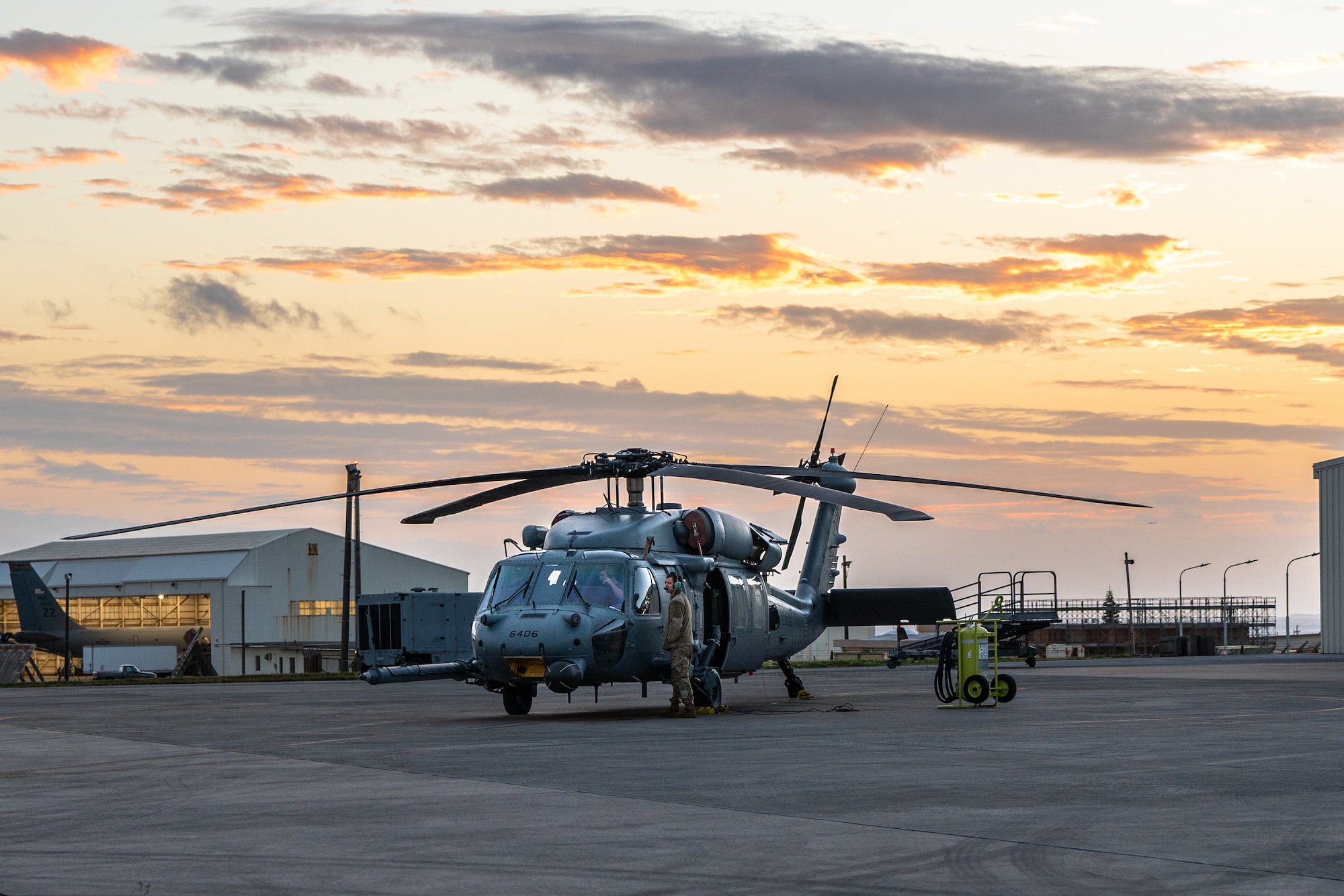 A helicopter is parked.