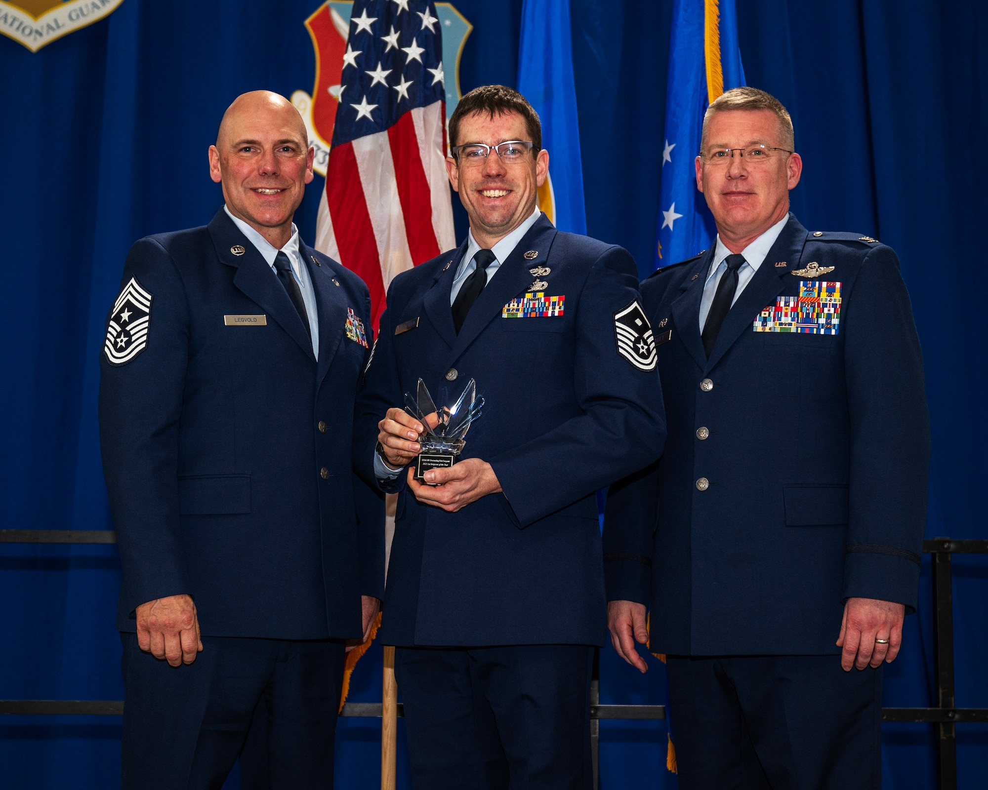 U.S. Air Force Master Sgt. Lief Christensen, 133rd Maintenance Group, receives the 2022 First Sergeant of the Year award in St. Paul, Minn., Dec. 11, 2022.