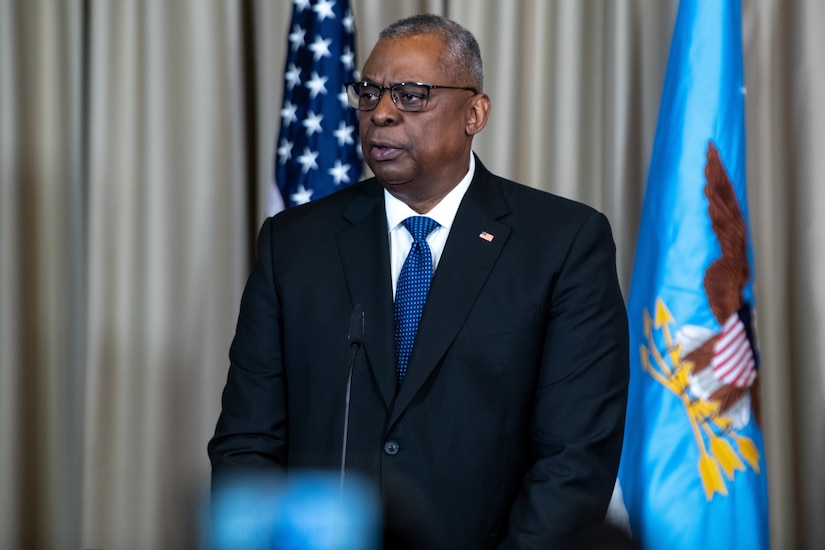 Secretary of Defense Lloyd J. Austin III briefs reporters.