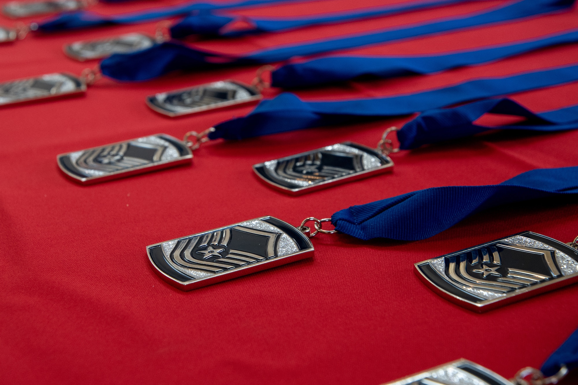 Master sergeant medallions are displayed on a table for a senior noncommissioned officer induction ceremony at Knob Noster, Missouri, Jan. 8, 2023. Thirteen of the 131st Bomb Wing's newest master sergeants were inducted into the wing’s SNCO Corps. (U.S. Air National Guard photo by Airman 1st Class Phoenix Lietch)