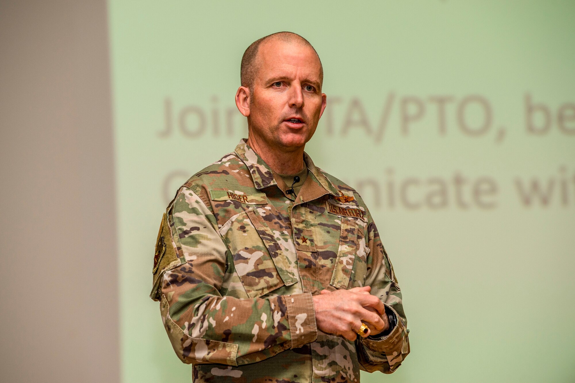 Brig. Gen. Matthew Higer, Commander, 412th Test Wing delivers remarks during the 412th Test Wing Townhall and All Call at Edwards Air Force Base, California, Jan. 20.