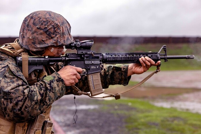 A U.S. Marine Corps recruit with Echo Company, 2nd Recruit Training Battalion, fires his rifle during a table two course of fire at Marine Corps Base Camp Pendleton, California, Jan. 10,