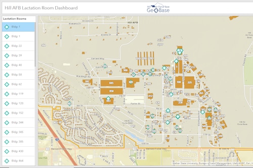 A screenshot of the interactive digital map of “lactation spaces” found at Hill Air Force Base, Utah, Jan. 23, 2023. The map shows some of 47 total spaces within unit facilities dedicated to nursing mothers. (U.S. Air Force graphic)