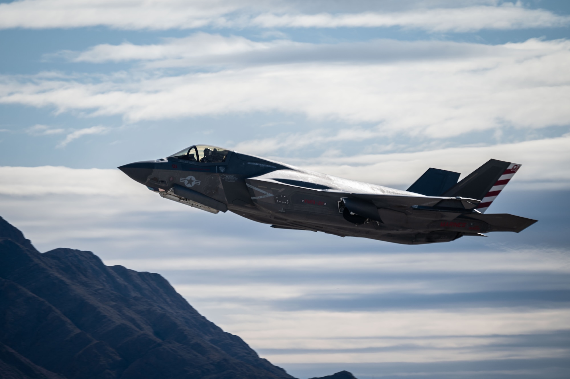 A U.S. Marine Corps F-35B from Marine Fighter Attack Squadron-211, Marine Corps Air Station Yuma, Arizona, takes off prior to the start of Red Flag 23-1 at Nellis Air Force Base, Nev., Jan 19, 2023.