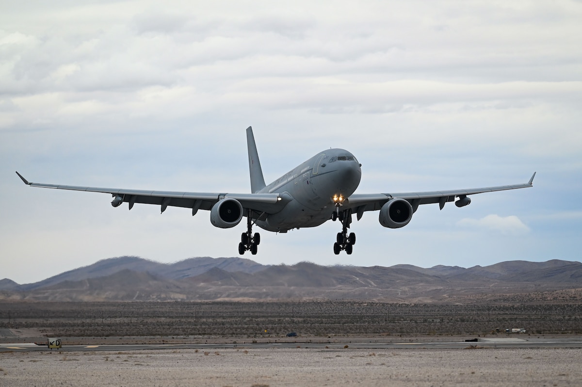 A Voyager KC assigned to the 10 and 101 Squadrons based at Royal Air Force Brize Norton, United Kingdom, lands prior to the start of Red Flag 23-1 at Nellis Air Force Base, Nev., Jan 19, 2023.