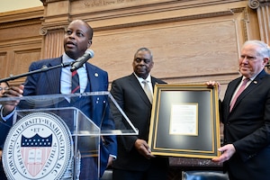 Secretary of the Air Force Frank Kendall announces the partnership of Howard University as an Air Force university affiliated research center during a ceremony at the university in Washington, D.C., Jan. 23, 2023.  (U.S. Air Force photo by Eric Dietrich)