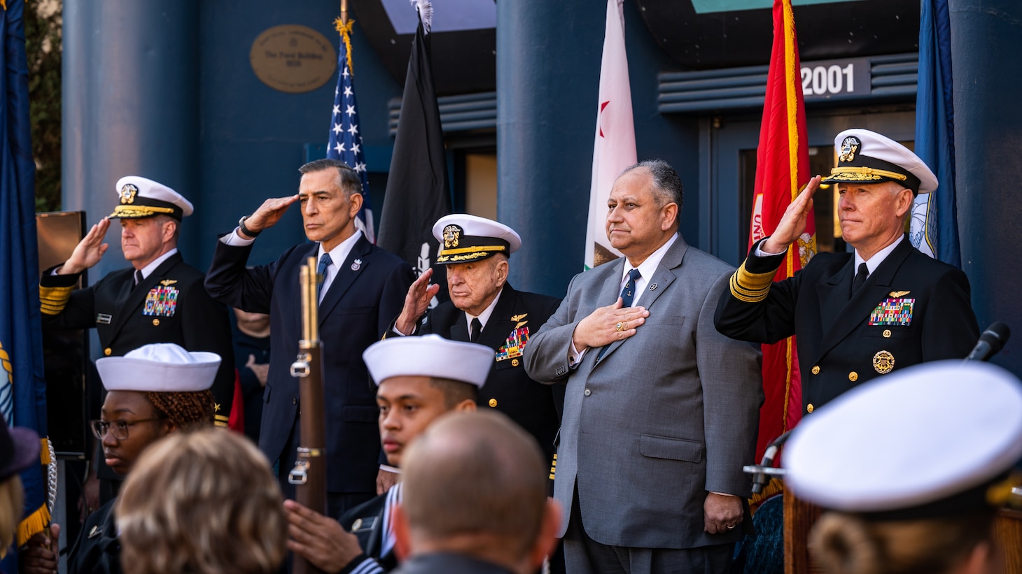 SAN DIEGO (Jan. 20, 2023) — (from left) Adm. Samuel J. Paparo, U.S. Rep. Darrell Issa, retired U.S. Navy Capt. E. Royce Williams, Secretary of the Navy Carlos Del Toro, and Vice Adm. Kenneth Whitesell render honors during a ceremony awarding Williams with a Navy Cross Jan. 20. Del Toro was in San Diego for various fleet engagements, awards ceremonies and ship events.