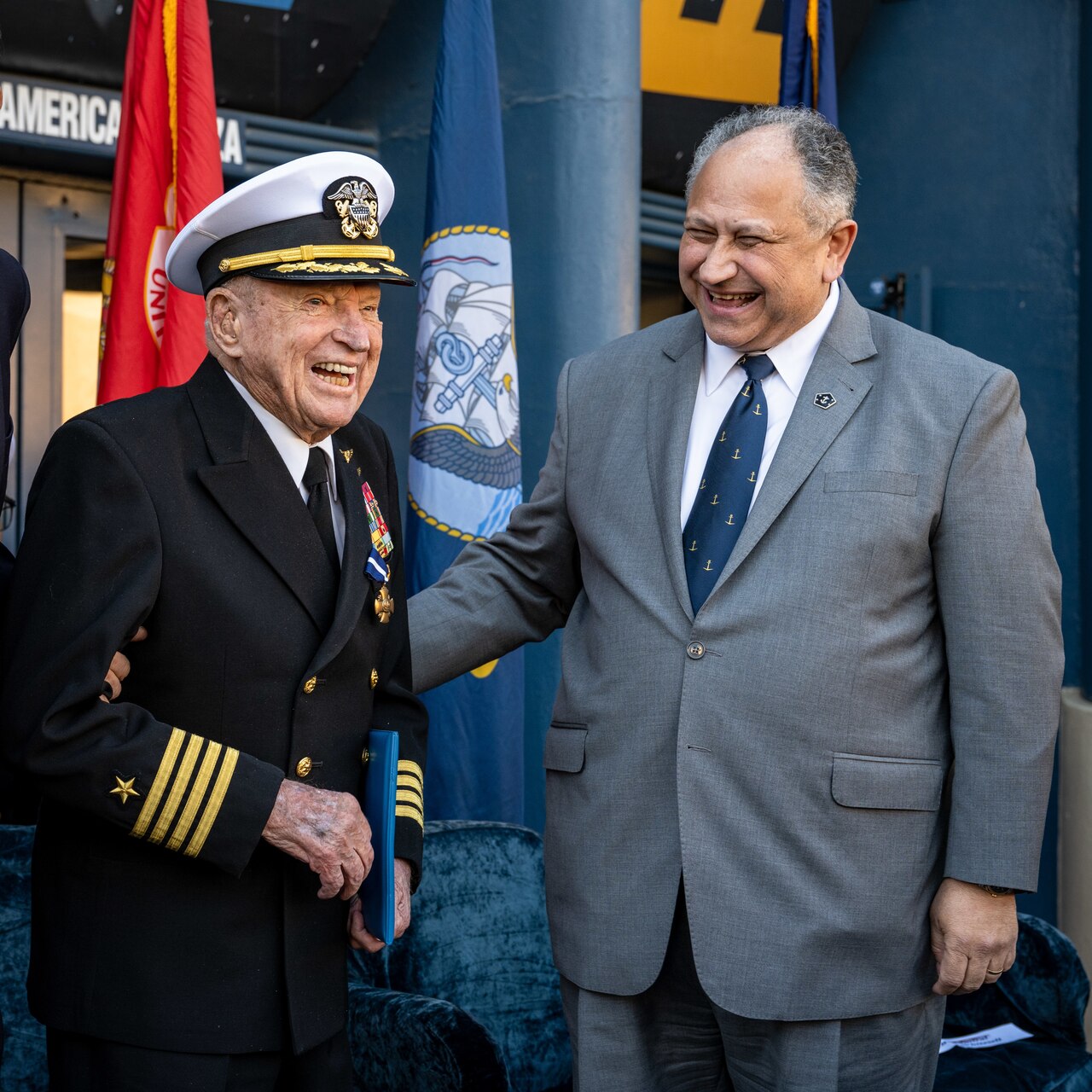 SAN DIEGO (Jan. 20, 2023) — Secretary of the Navy Carlos Del Toro visits with retired U.S. Navy Capt. E. Royce Williams following a ceremony awarding Williams with a Navy Cross Jan. 20. Del Toro was in San Diego for various fleet engagements, awards ceremonies and ship events.