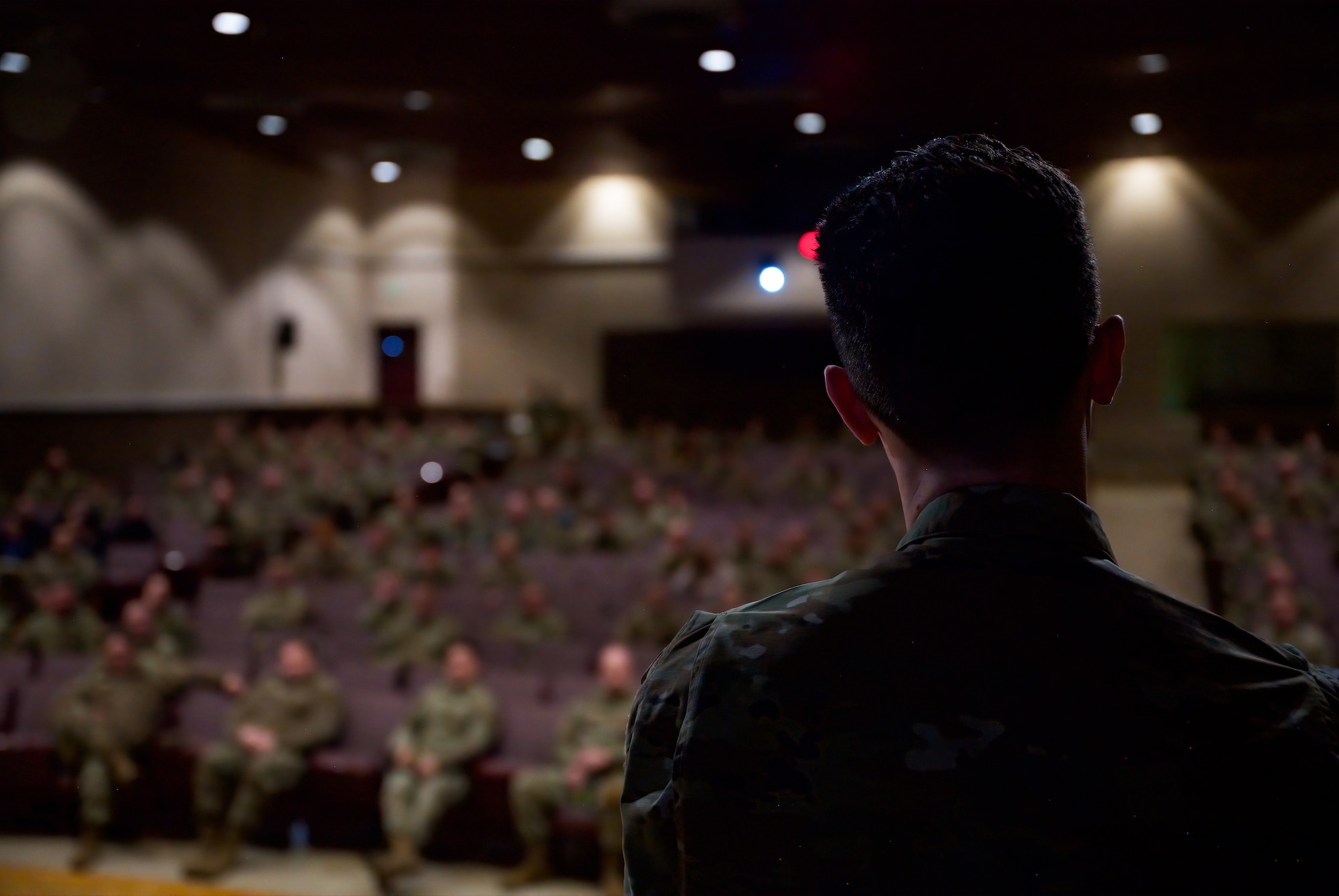 Captain Brian Frey, a presenter with the 426th Network Warfare Squadron, speaks to a group of 419th Fighter Wing Reservists about the importance of the Digital Force Protection program Jan. 8, 2023 at Hill Air Force Base. The DFO program’s mission is to educate on the vulnerabilities of digital information. (U.S. Air Force photo by Staff Sergeant Anthony Pham)