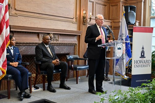 Secretary of the Air Force Frank Kendall announces the partnership of Howard University as an Air Force university affiliated research center during a ceremony at the university in Washington, D.C., Jan. 23, 2023.  (U.S. Air Force photo by Eric Dietrich)