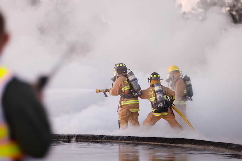 The training tested a new firehose for the P-19R firetrucks before the equipment becomes standard issue for Marine Corps ARFF and Expeditionary Fire and Rescue operations.