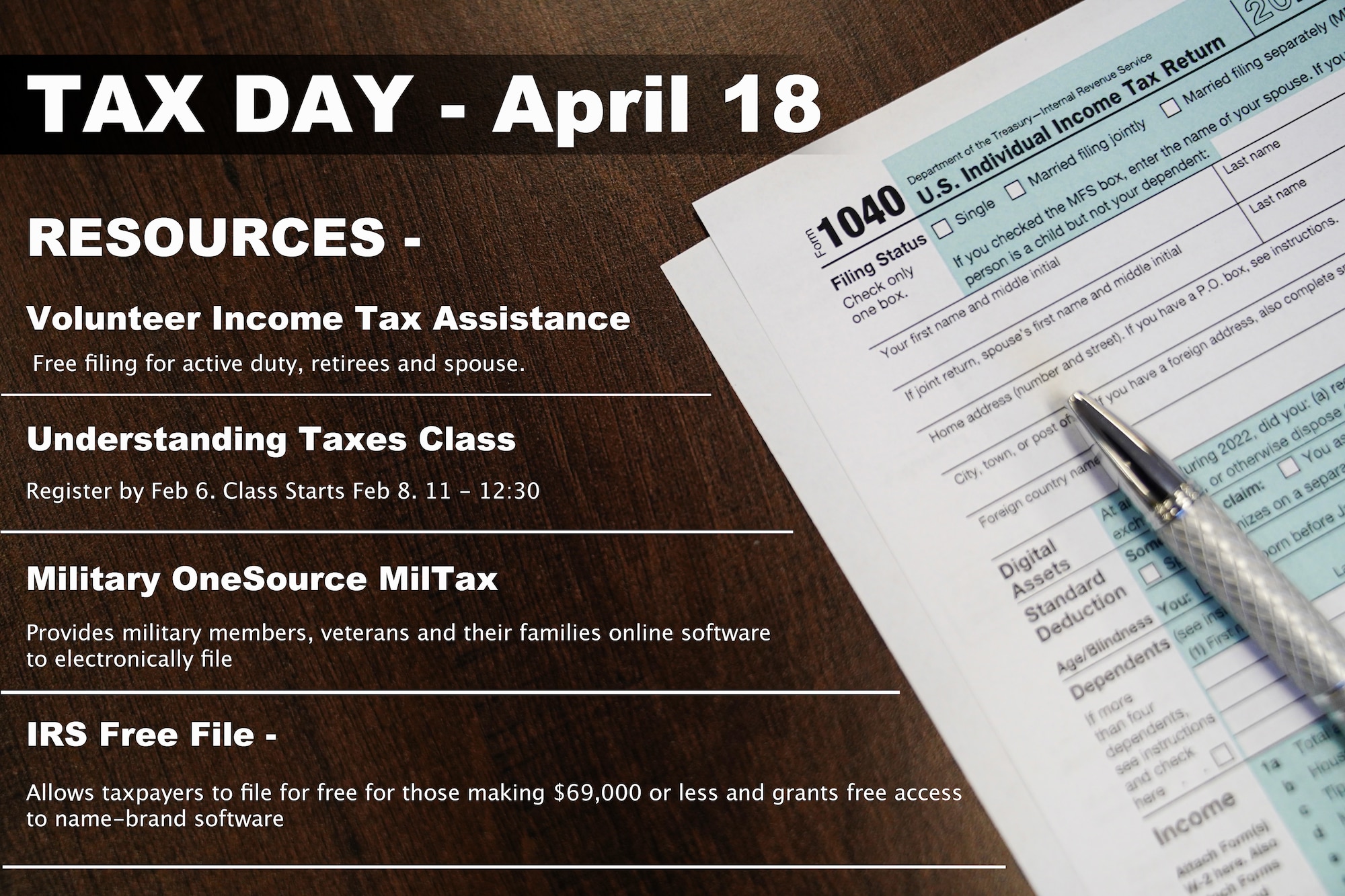 This infographic provides information about tax resources at Keesler Air Force Base, Mississippi, Jan. 19, 2023.