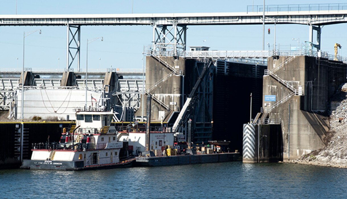 The U.S. Army Corps of Engineers Nashville District’s Maintenance Support Team onboard the Motor Vessel Iroquois is positioned on the downstream side of Watts Bar Lock on the Tennessee River in Decatur, Tennessee, to repair the needle-dam-girder beam slot Jan. 19, 2023. (USACE Photo by Lee Roberts)
