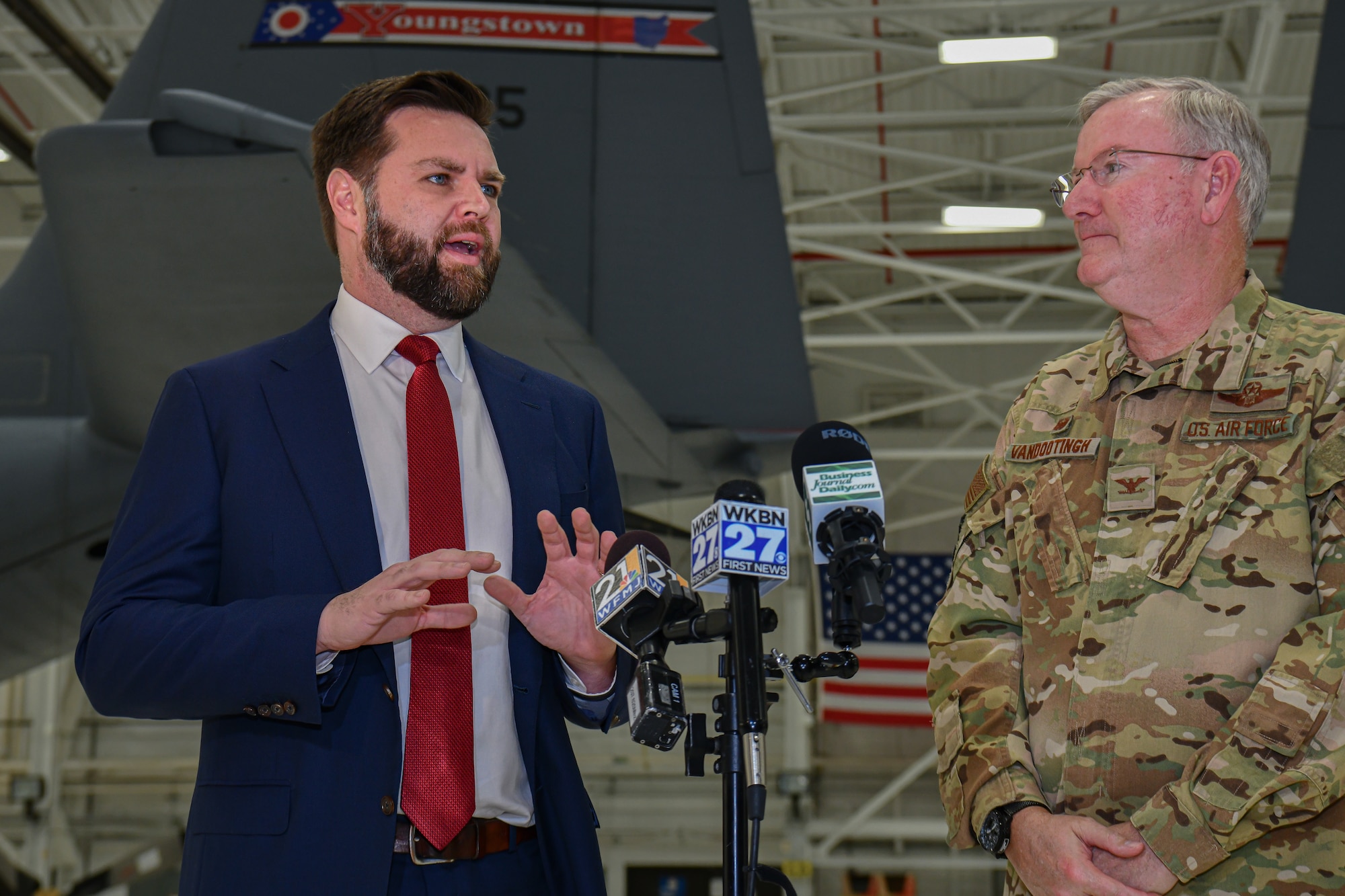 U.S. Sen. JD Vance, representing Ohio, and Col. Jeff Van Dootingh, commander of the 910th Airlift Wing, participate in a media event on Jan. 17, 2023, at Youngstown Air Reserve Station, Ohio.